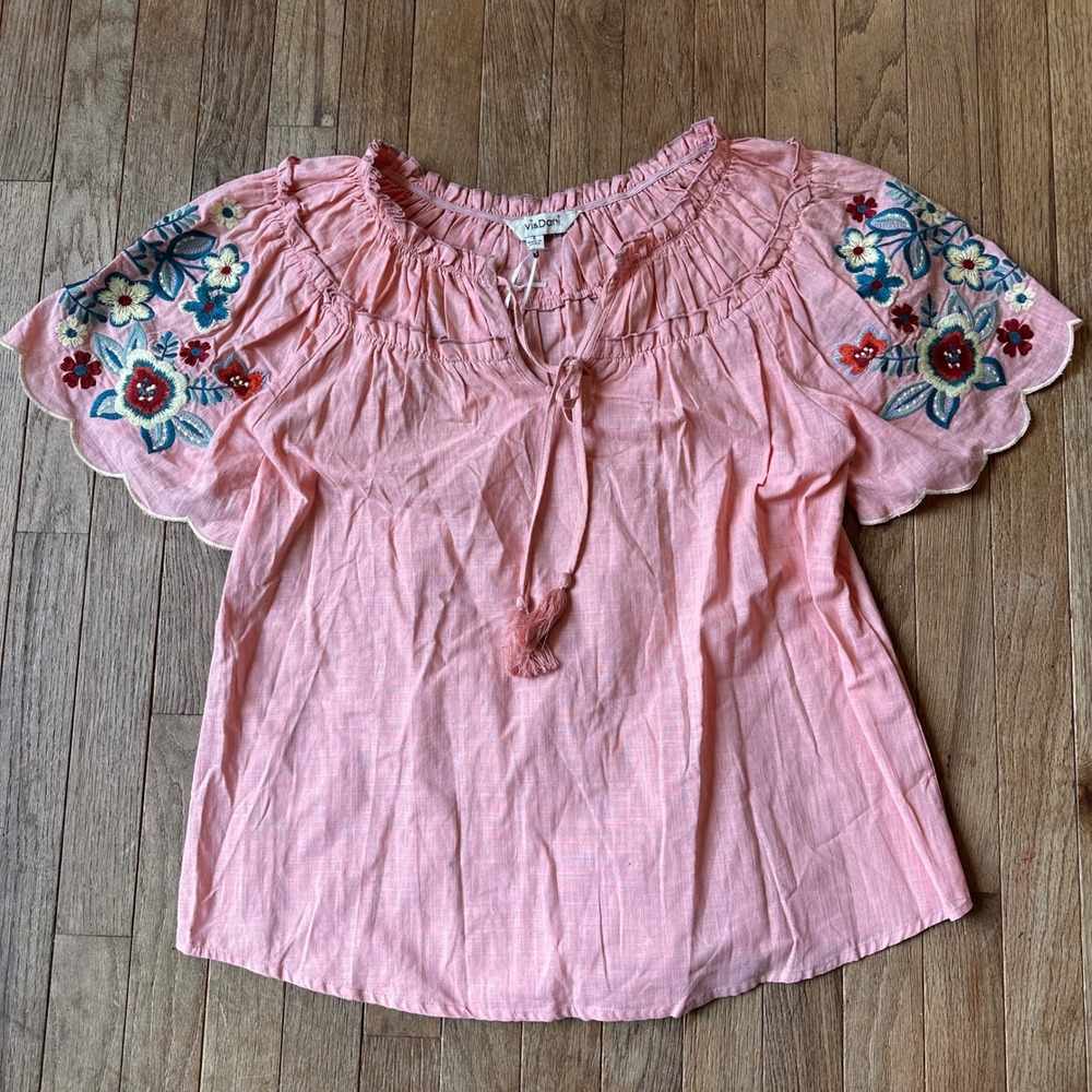 Cottagecore Slub Embroidered Blouse Cotton Womens S Floral Peasant Pink Modern